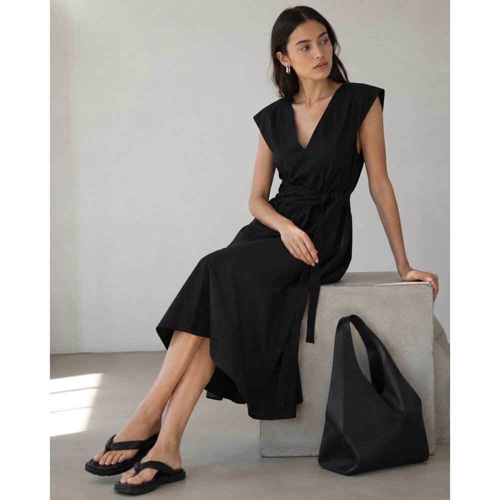 Vince Flutter-Sleeve Tie-Back Midi Dress Womens M Black V-neck Sleeveless - Picture 2 of 12